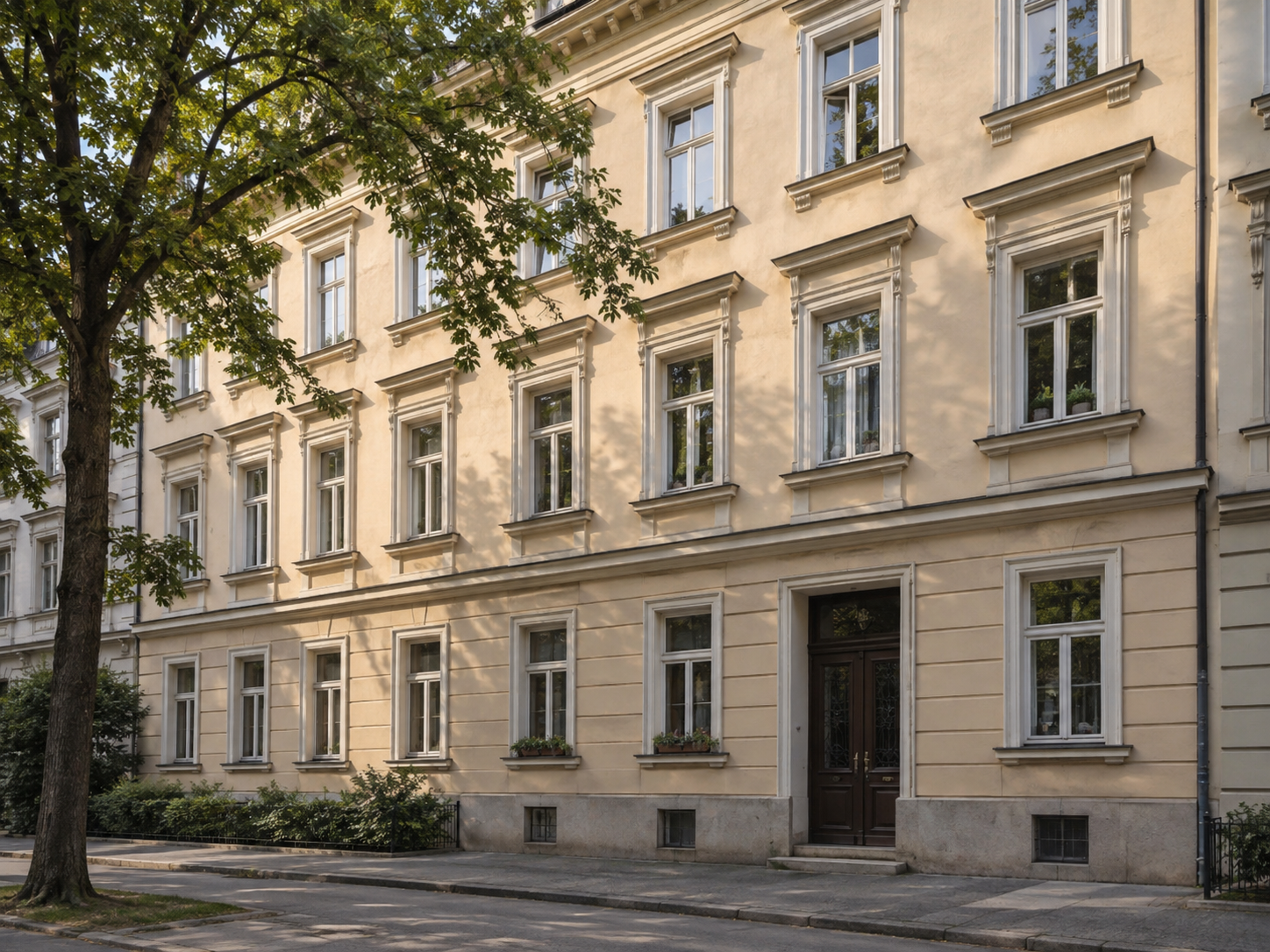 Mehrgeschossiges Stadthaus mit Fenstern und mehreren Wohneinheiten