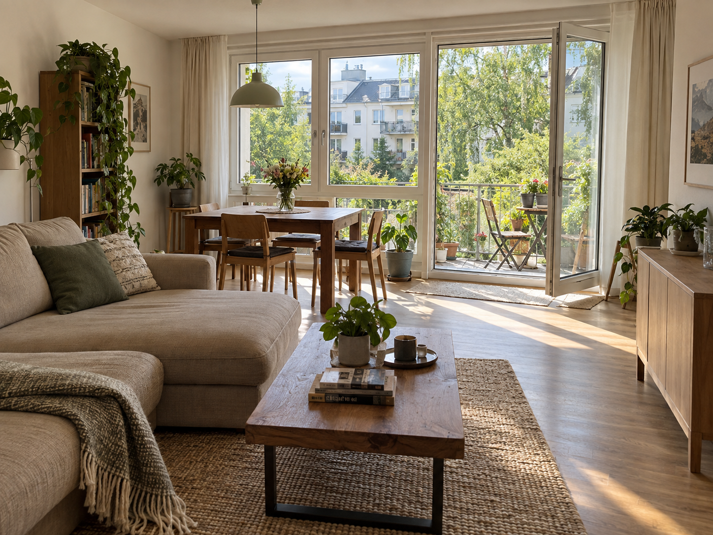 Heller moderner Wohnraum mit Sofa und großen Fenstern
